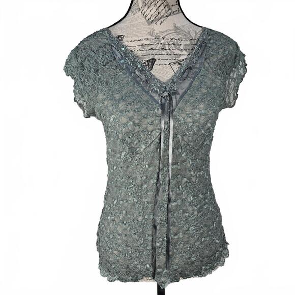 Merona Tops - Merona Lace Cap Sleeve Top Medium Teal Sheer Floral Embroidered Romantic Mermaid